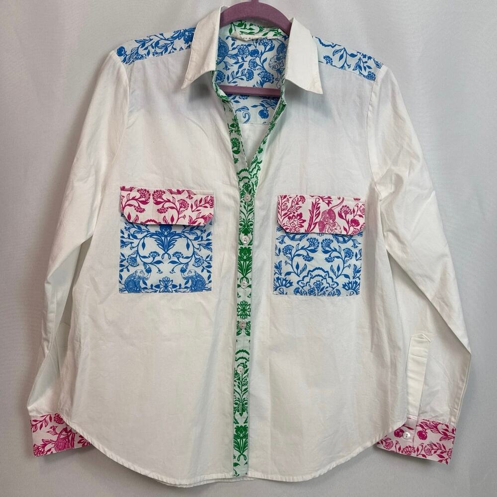 Roller Rabbit Womens Animal Print Pocket Shirt Size L White Blue Grandmillennial